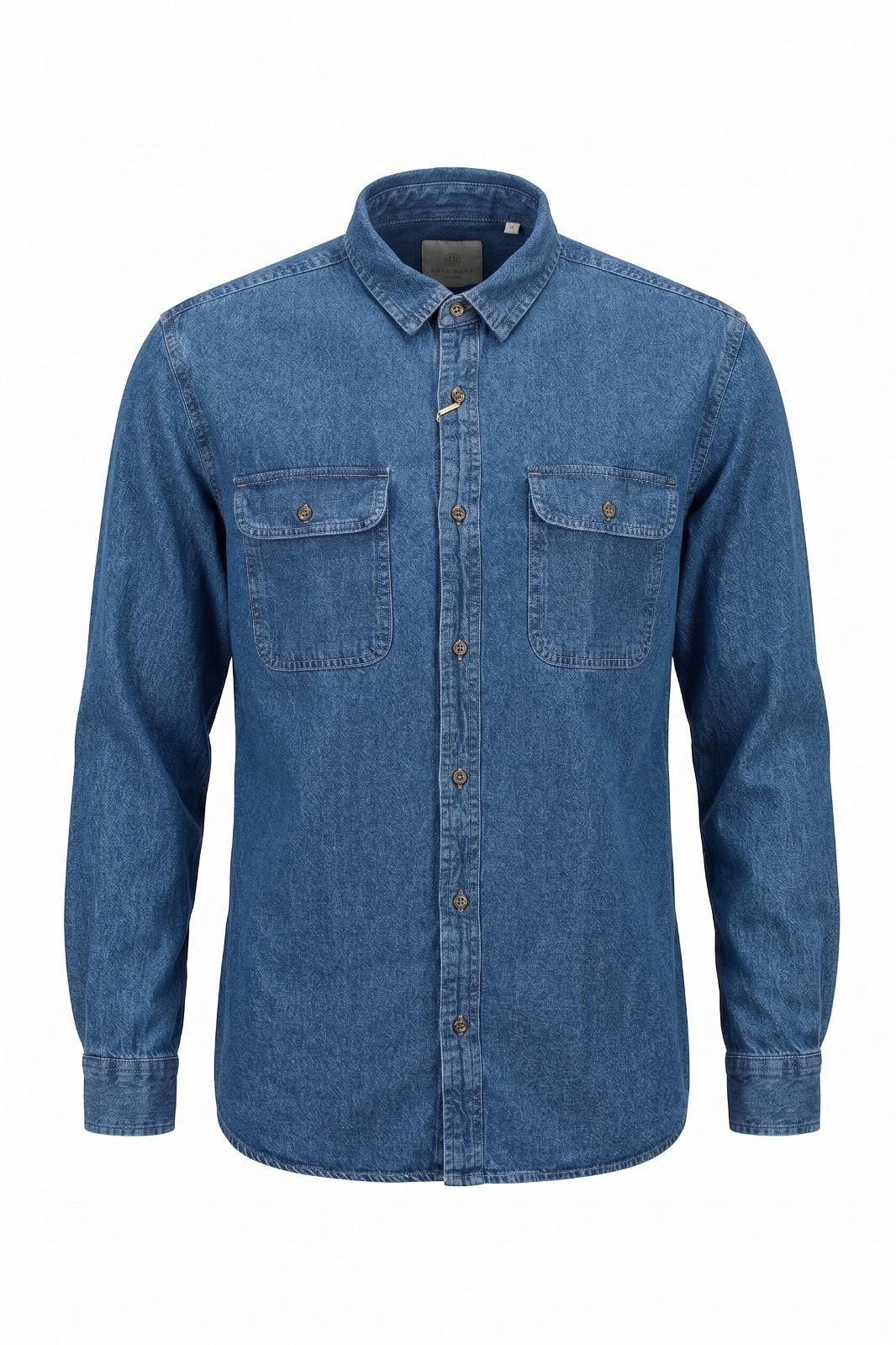 Classic blue washed denim shirt with utility chest pockets for men