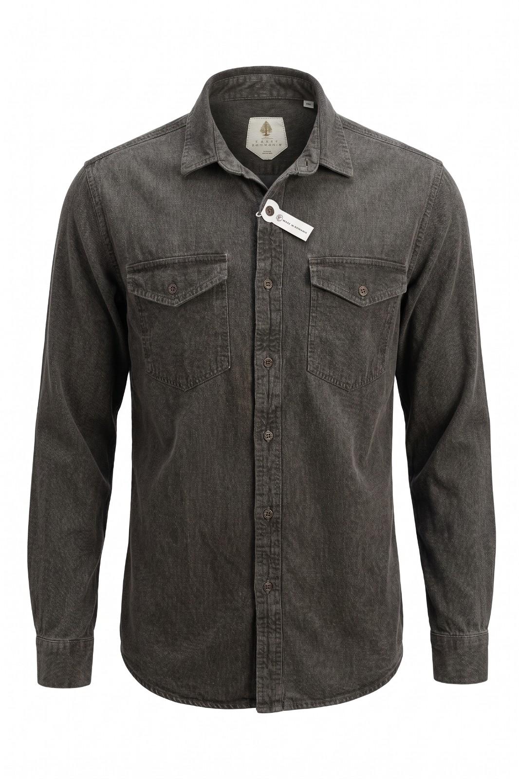 Charcoal washed denim utility shirt for men with dual flap chest pockets