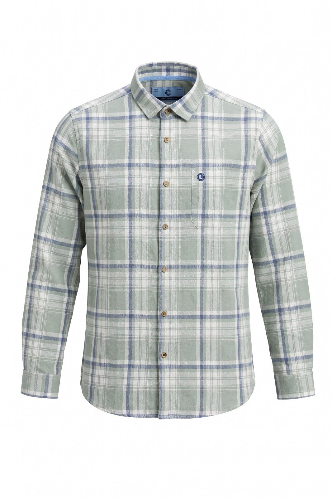 Pastel sage green plaid casual shirt with soft blue and white check pattern
