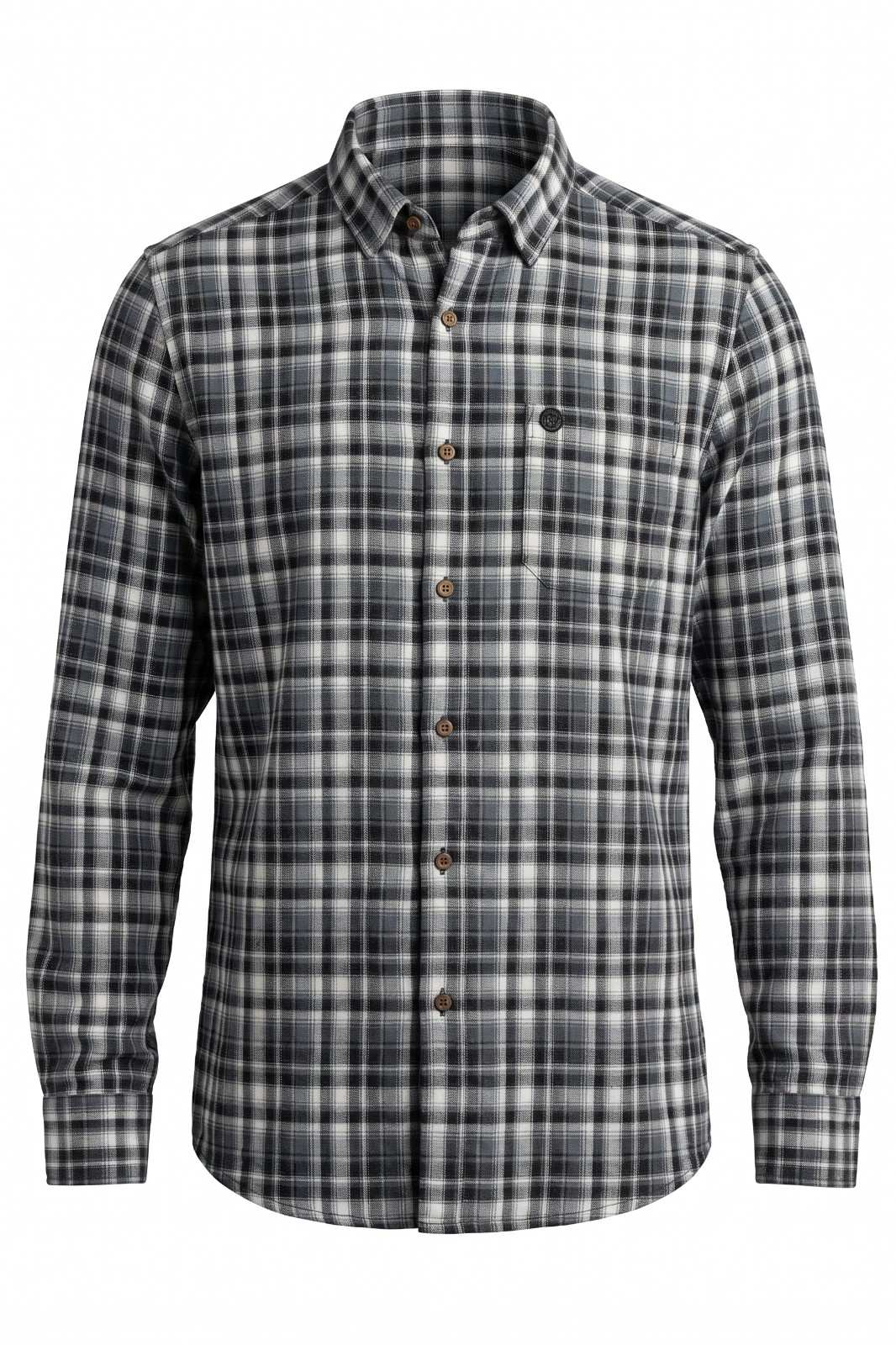 Black and grey plaid casual shirt for men with classic monochrome check pattern