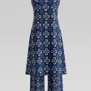 Women Navy Blue Printed Sleeveless A-Line Kurta Palazzo Set