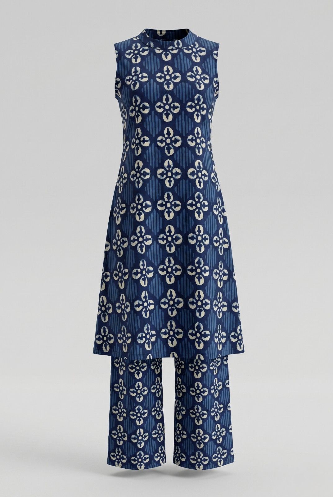 Women’s navy blue geometric printed sleeveless A-line kurta with matching palazzo pants