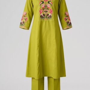 Women Lime Green Embroidered Straight Kurta Pants Set