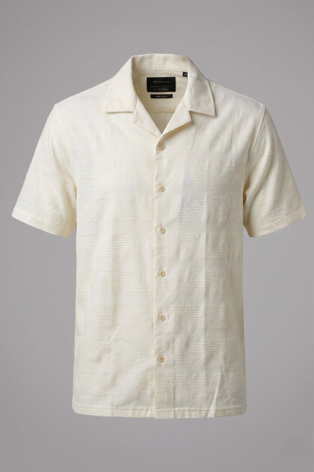 Men’s cream textured resort shirt with camp collar and minimal woven pattern